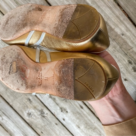 Prada Gold/Silver Leather Toe Pointed Toe Ballet Flats Size 6 - Picture 6 of 14